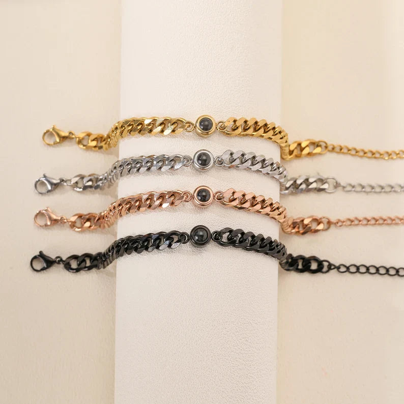 Photo Projection Bracelet Custom Men Picture Projection Bracelet Boyfriend Photo Memorial Bracelet Unisex Curb Chain Photo Gift for Him Her
