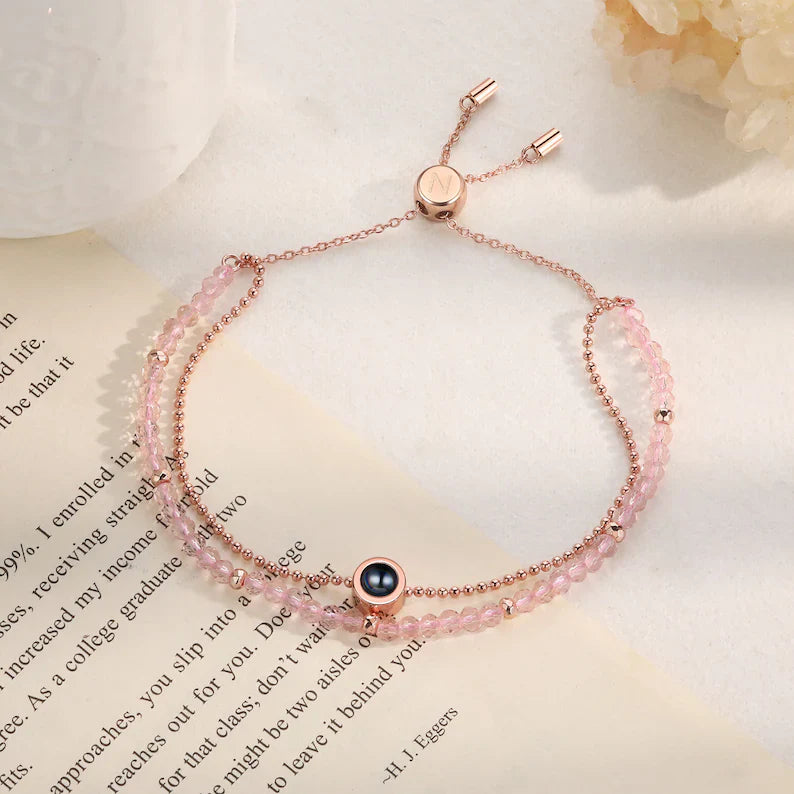 Personalized Photo Bead Bracelet with Link Chain,Custom Crystal Beaded Projection Bracelet,Double Bracelet,Christmas Gift for Her Mom Friend