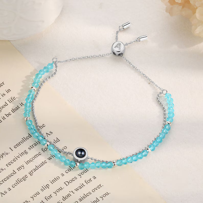 Personalized Photo Bead Bracelet with Link Chain,Custom Crystal Beaded Projection Bracelet,Double Bracelet,Christmas Gift for Her Mom Friend