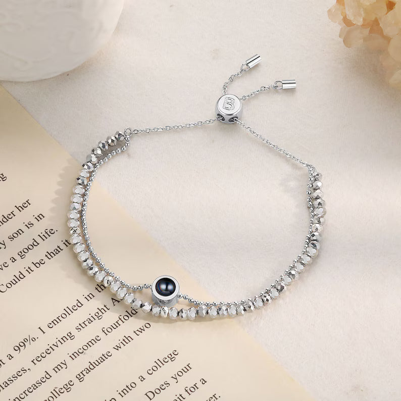 Personalized Photo Bead Bracelet with Link Chain,Custom Crystal Beaded Projection Bracelet,Double Bracelet,Christmas Gift for Her Mom Friend