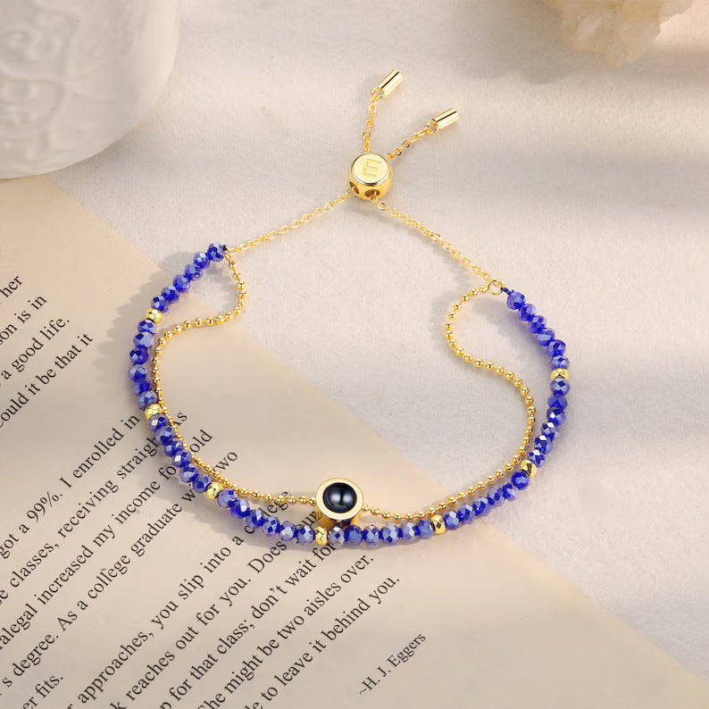 Personalized Photo Bead Bracelet with Link Chain,Custom Crystal Beaded Projection Bracelet,Double Bracelet,Christmas Gift for Her Mom Friend