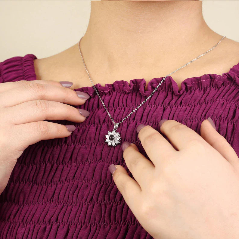 Custom Projection Photo Necklace, Personalized Photo Projection Floral Charm Necklace, Memorial Photo Pendant for Wife, Mothers Day Gift