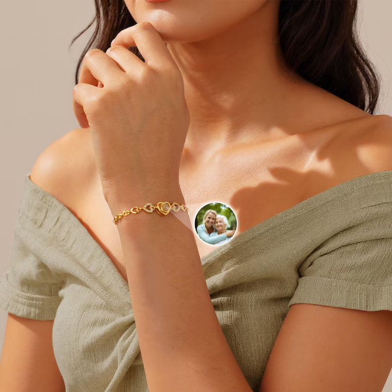 Custom Heart Projection Bracelet with Family PhotoPersonalized Gift for WifeMeaningful Jewellery with Hidden PictureAnniversary Gift