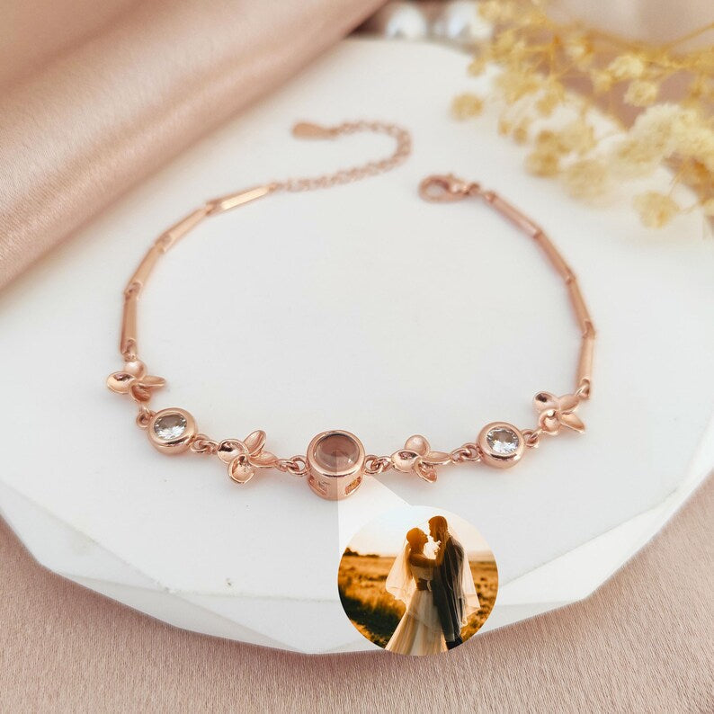 Dainty Birth flower bracelet,Projection Photo Bracelet for Women,Photo Inside Bangle,Christmas gift for her,Pet Photo Bracelet,Birthday Gift