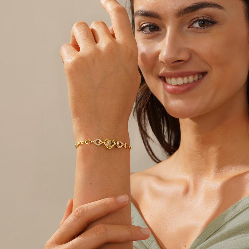 Custom Heart Projection Bracelet with Family PhotoPersonalized Gift for WifeMeaningful Jewellery with Hidden PictureAnniversary Gift