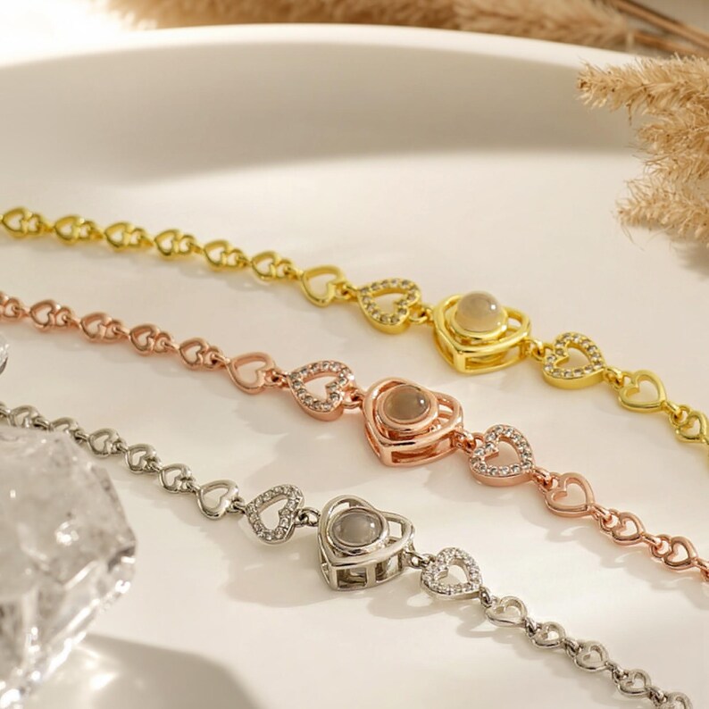 Custom Heart Projection Bracelet with Family PhotoPersonalized Gift for WifeMeaningful Jewellery with Hidden PictureAnniversary Gift